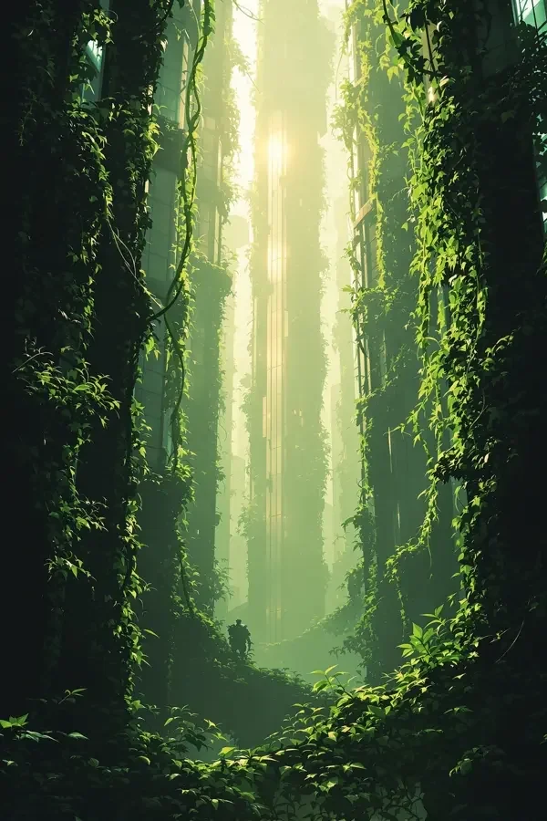 藤蔓之城 - 蜜桃影视 科幻电影藤蔓之城海报,被巨大藤蔓覆盖的未来城市与玻璃高楼